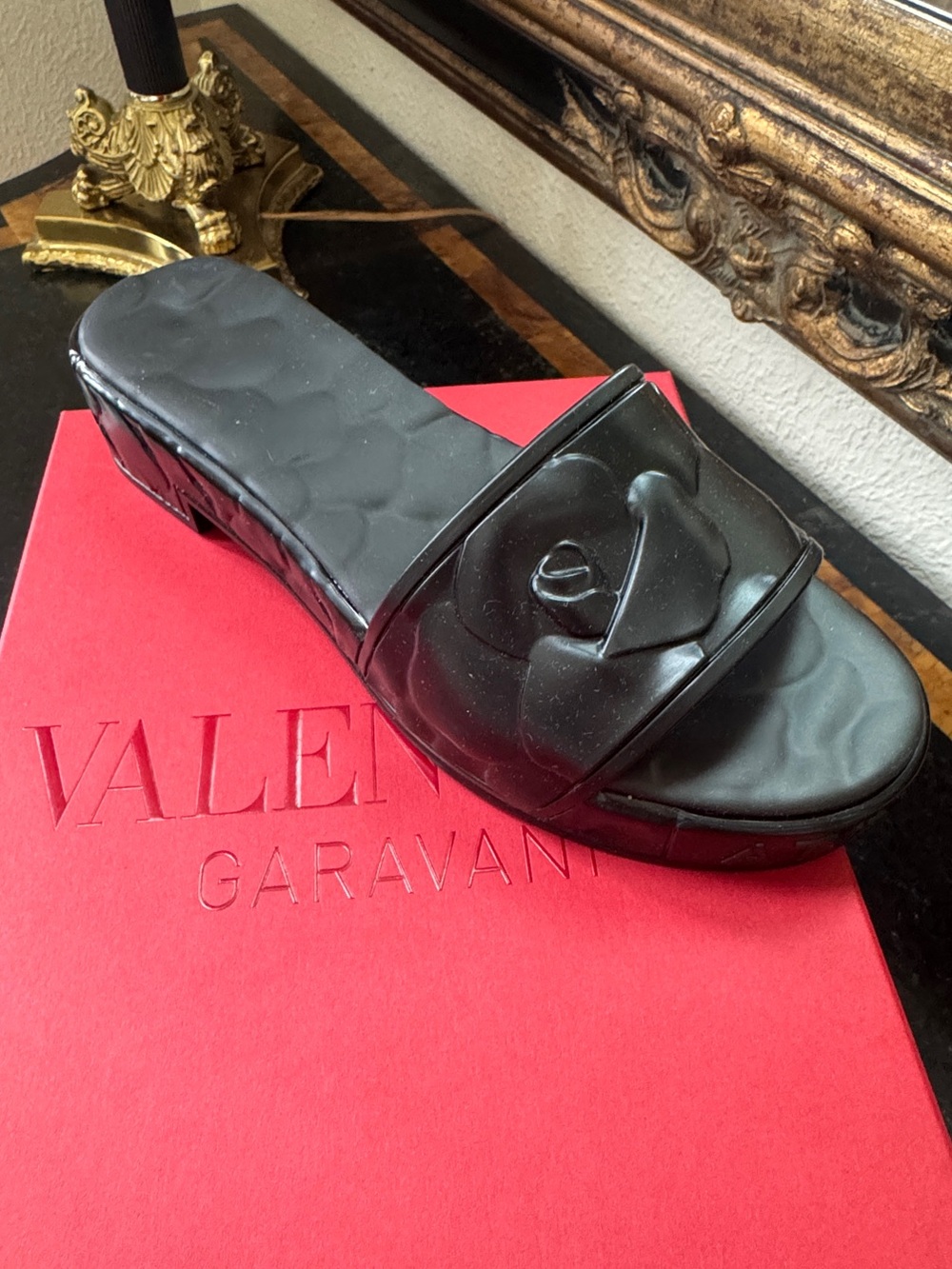 Valentino Garavani Black Camellia Slide
